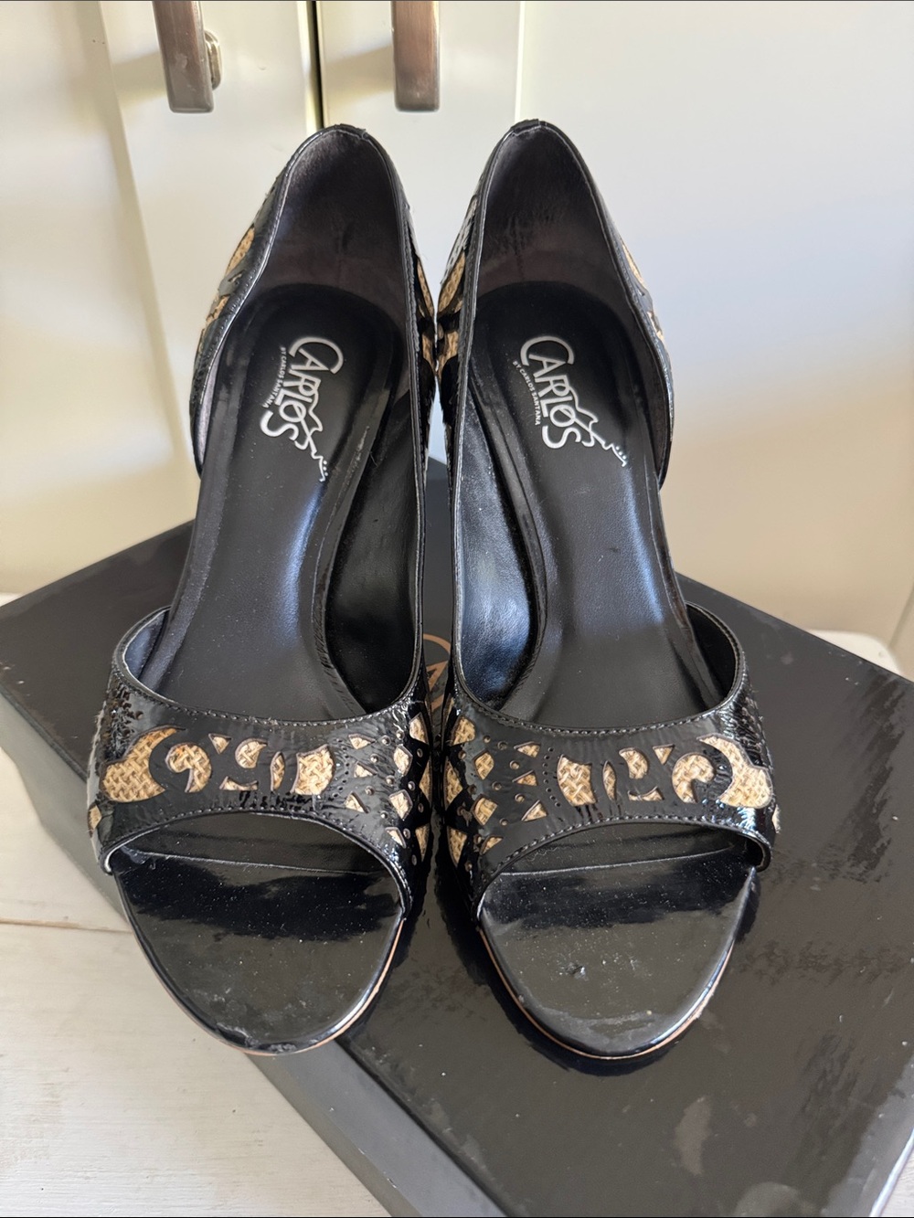 Y2K Carlos by Carlos Santana Black and Gold Cutout Peep-Toe Heels